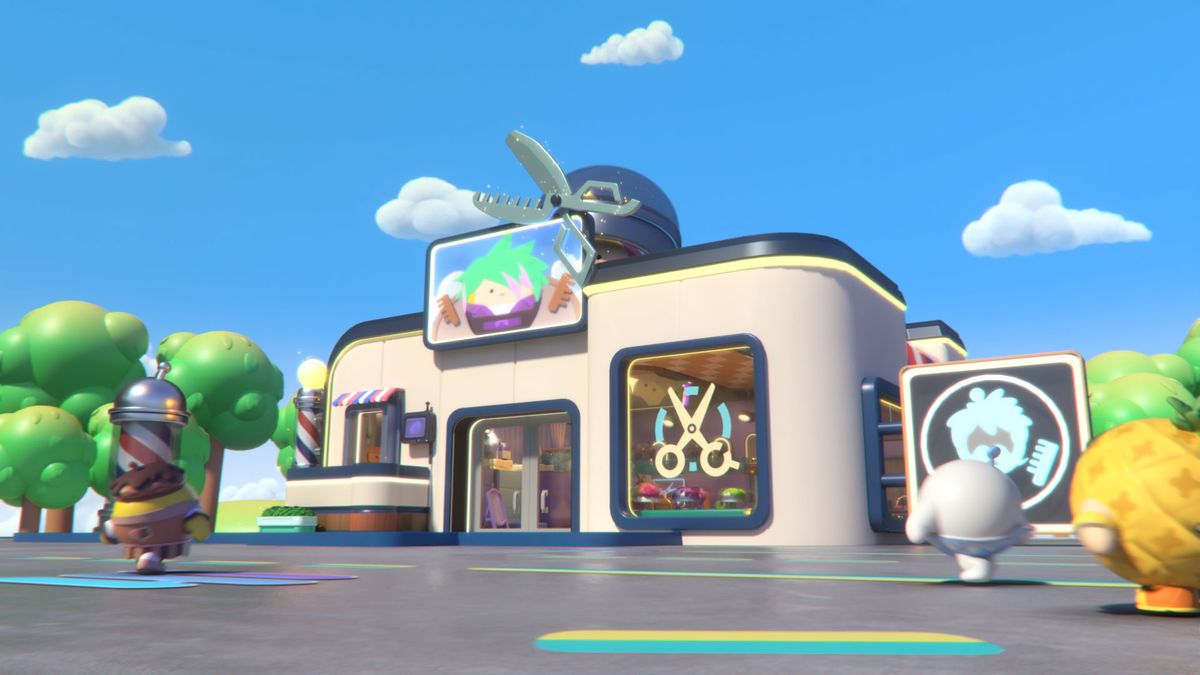 玩家视角下的岛屿建设画面，阳光明媚，建筑错落有致，蛋仔们在新建的广场上欢快奔跑