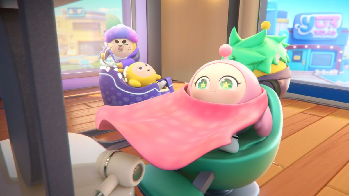 蛋仔们在甜品店内享用冰淇淋，桌上摆满甜点，角色表情满足，氛围温馨