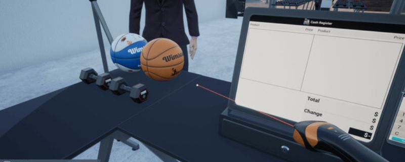 《体育用品商店》游戏主界面展示，玩家视角站在店铺入口，货架整齐摆放各类运动装备，氛围明亮现代