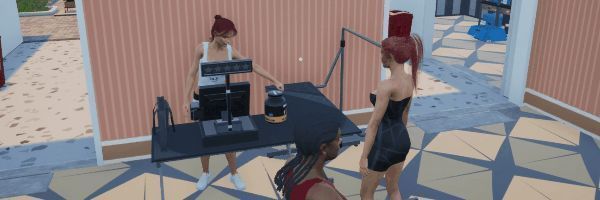 多人合作模式画面，四名玩家角色分别站在收银台、货架和仓库区域，协同进行商品上架和顾客服务