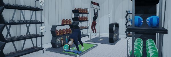 商店内部全景视角，各类运动装备分区陈列，跑步机、篮球架、滑雪板等一应俱全，顾客正在挑选商品