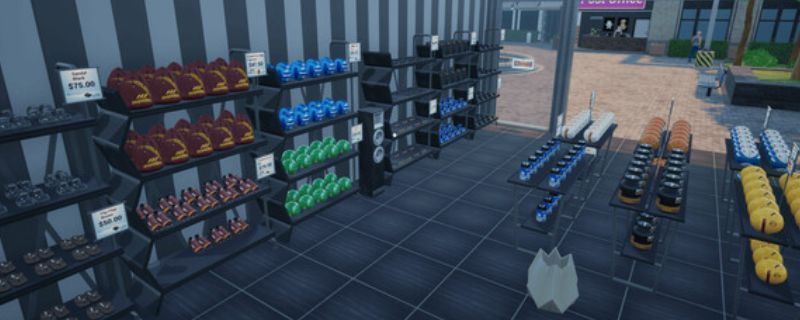 《体育用品商店》游戏主界面展示，店内陈列着各类运动装备，角色站在收银台后准备接待顾客