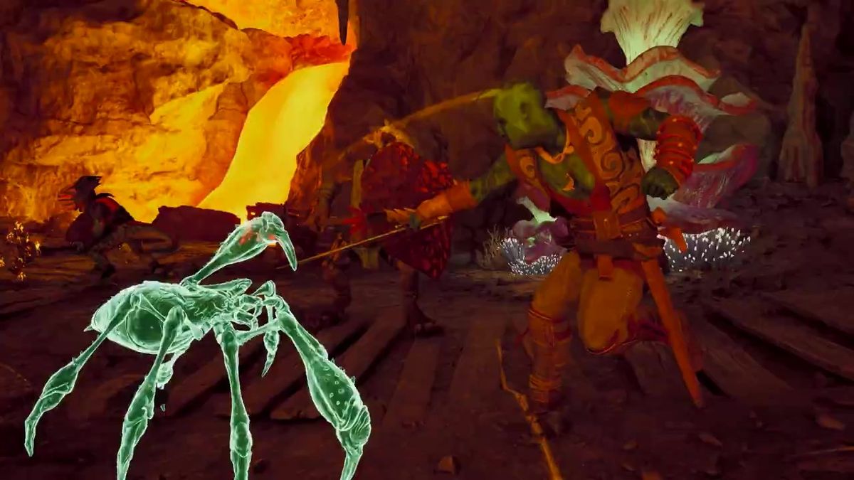 角色释放火焰法术，火浪席卷敌人，场景充满动态光影效果