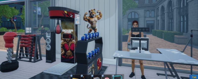 《体育用品商店》游戏画面展示，店内陈列整齐的运动器材与服饰，角色以第一人称视角查看商品