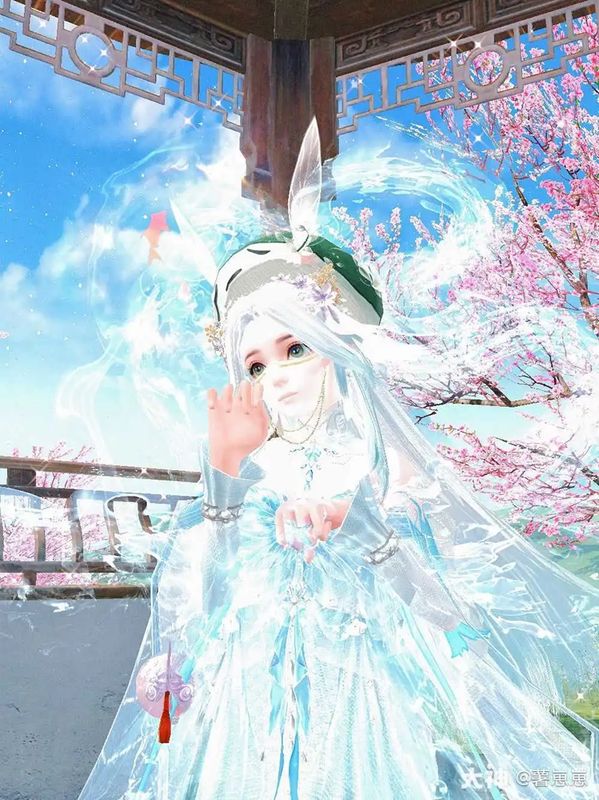 薯崽崽少侠身穿浅蓝色长裙站在桃花环绕的古亭中，双手轻握于胸前，像小猫咪般可爱