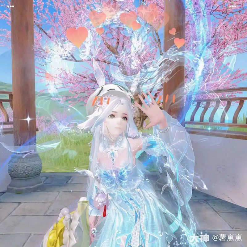 薯崽崽少侠在桃花古亭外抬手遮阳，笑容俏皮，春日氛围浓厚