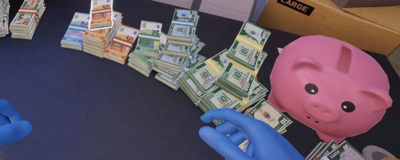 浣币模拟器中五个包裹从天空缓缓降落的游戏画面，背景为灰蓝色调的城市上空