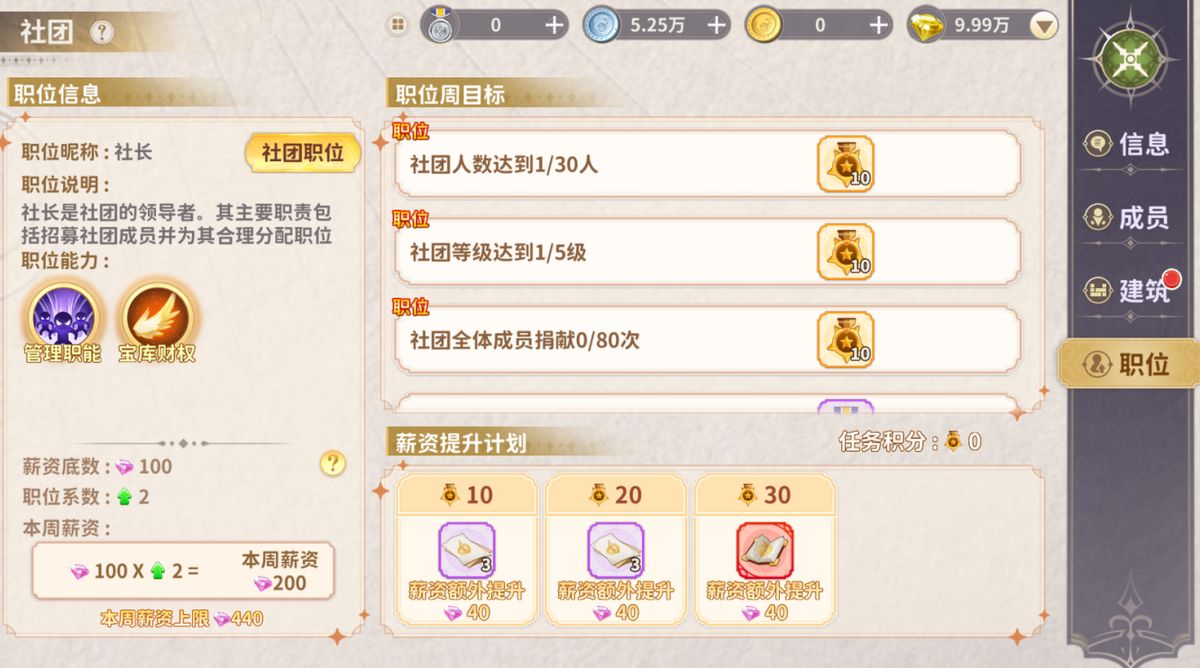 社团技能树界面，左侧为基础技能，右侧为核心技能，显示当前等级与属性增益