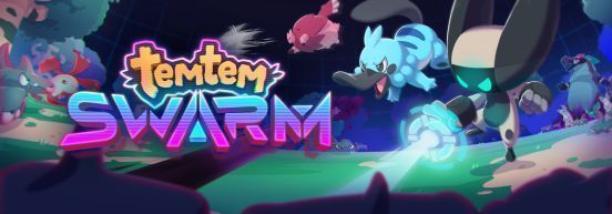 《Temtem: Swarm》游戏主界面展示，背景为充满奇幻色彩的岛屿与飞行腾兽，界面显示角色选择与技能配置选项