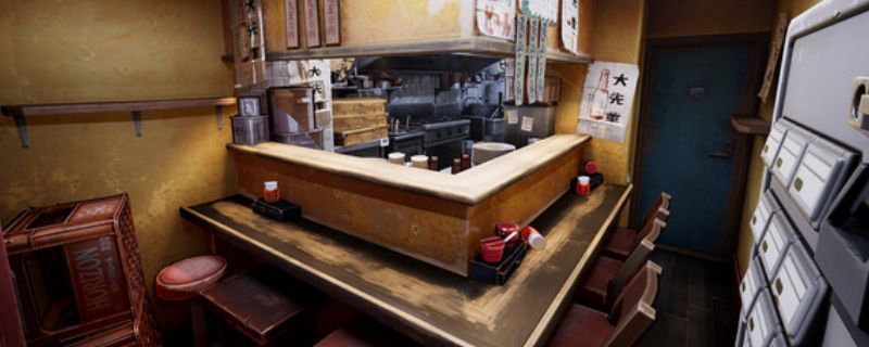 《拉面店模拟器》游戏主界面场景，展现一条日式传统小巷中的拉面店外观，灯光温暖，氛围宁静