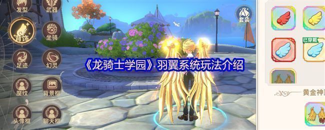 《龙骑士学园》羽翼系统主界面展示，流光溢彩的羽翼悬浮于角色背后，整体画面充满奇幻战斗氛围