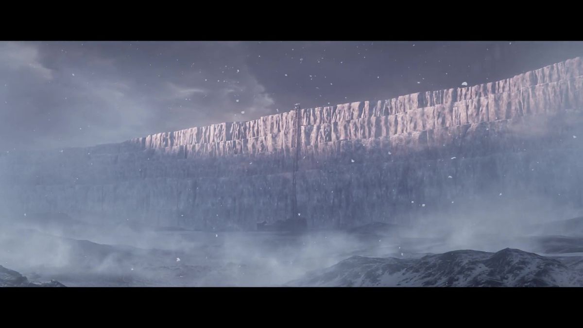 游戏场景截图：冰雪覆盖的城堡矗立在悬崖边，天空阴云密布，氛围肃杀