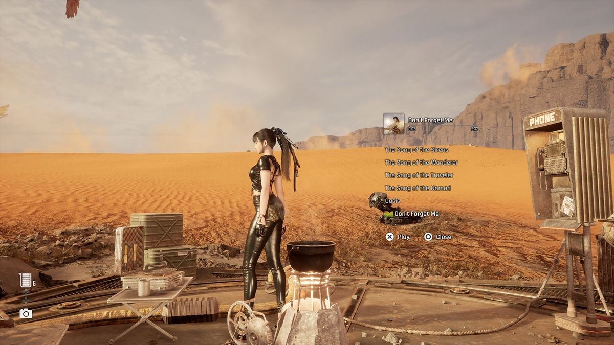 伊芙在相机模式中摆出多种新姿势，背景为废墟城市与机械敌人残骸