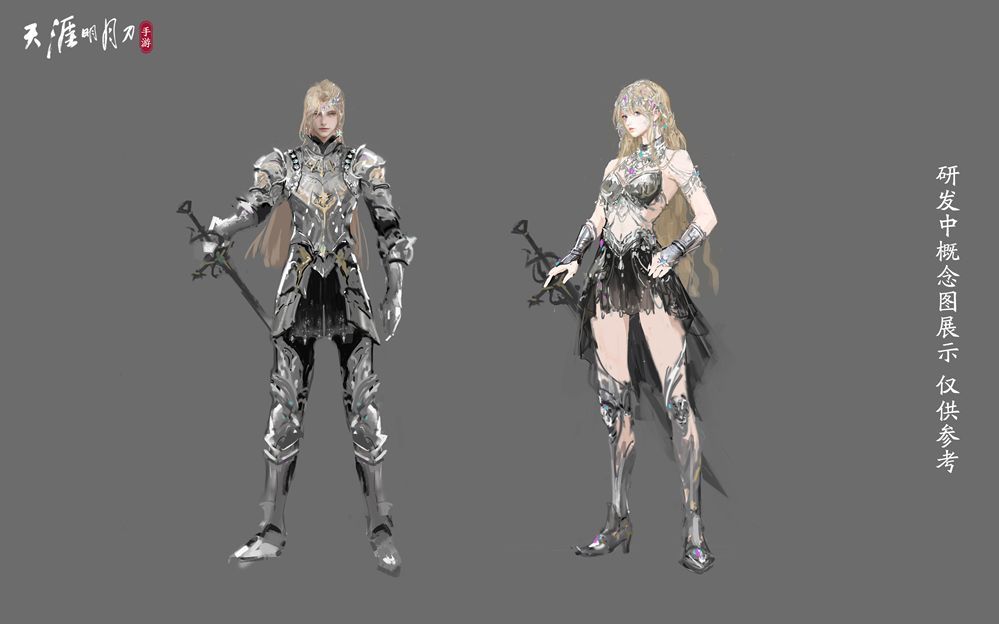 不朽者门派概念手稿，描绘男性角色持弯刀立于沙漠遗迹前，身披异域铠甲，背景有古老符文闪烁