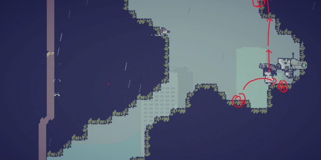 角色在斜坡平台上进行跳跳冲操作，箭头指示移动方向与动作顺序