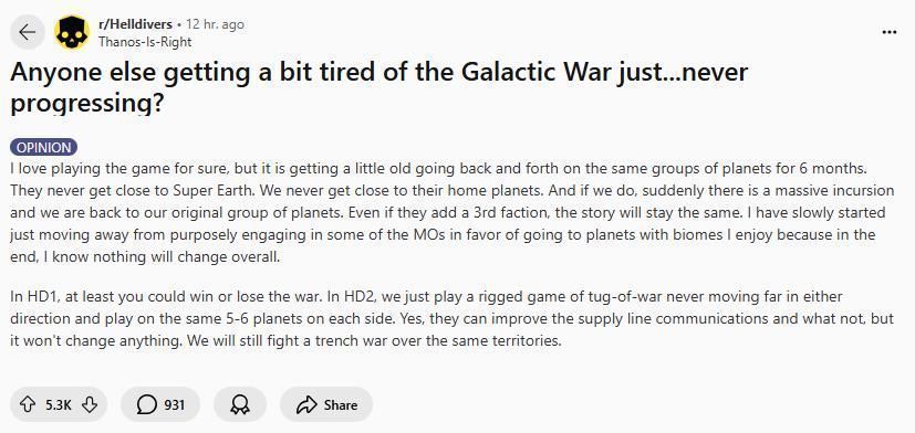 Reddit用户发帖截图，讨论《绝地潜兵2》战争进程停滞问题，标题为‘我们只是在玩一场被操纵的游戏’