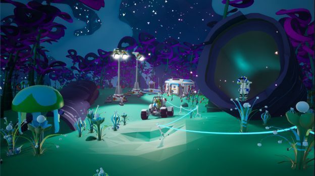 《Astroneer》五周年纪念宣传图，太空背景中漂浮着星球与探测车，充满科幻氛围