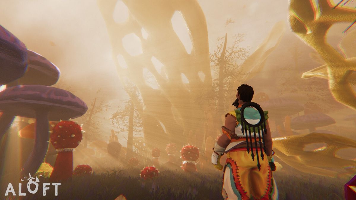 夜晚的浮岛场景，地面上有发光植物，天空中有极光效果，营造梦幻氛围