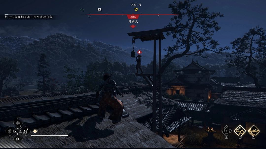 主角从屋顶跃下，对一名高大威猛的捍卫者实施空中刺杀，动作流畅