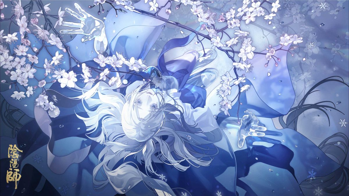 插画流芳相皎，蝉冰雪女立于花树下，蝶影环绕