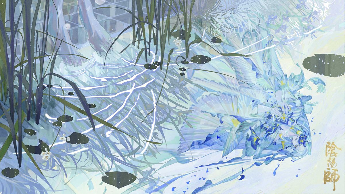 插画玉婵临渊，蝉冰雪女立于冰崖边，寒风卷起长发与裙摆