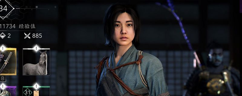 《刺客信条：影》中敌人头顶显示减益状态图标，血条下方有圆形进度条表示状态积累