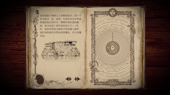 游戏剧情画面：主角站在墓碑前，背景是阴云密布的天空与远处孤寂的修道院塔楼，气氛凝重而神秘