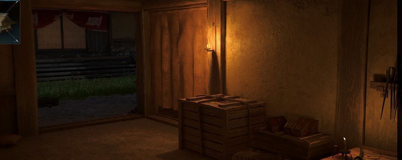 《刺客信条：影》游戏场景画面，主角行走在日本风格古城街道中，周围是传统木质建筑与樱花树