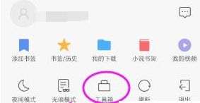 QQ浏览器底部弹出菜单中包含‘工具箱’选项的界面截图