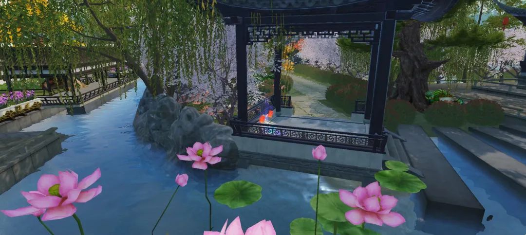 临水而建的木质水榭，石阶通向池塘，柳树与杏花环绕，荷花盛开