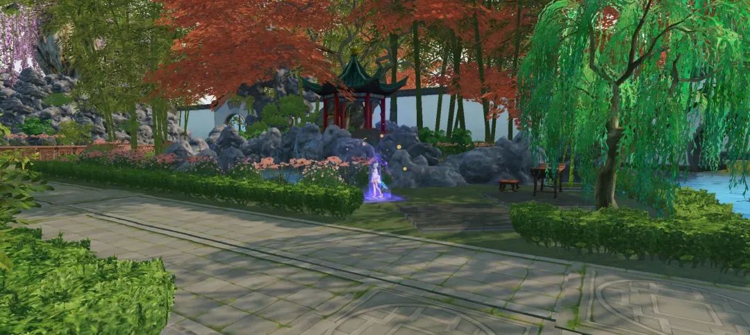 枫树环绕的凉亭，红叶如霞，石路通向亭子，环境幽静雅致