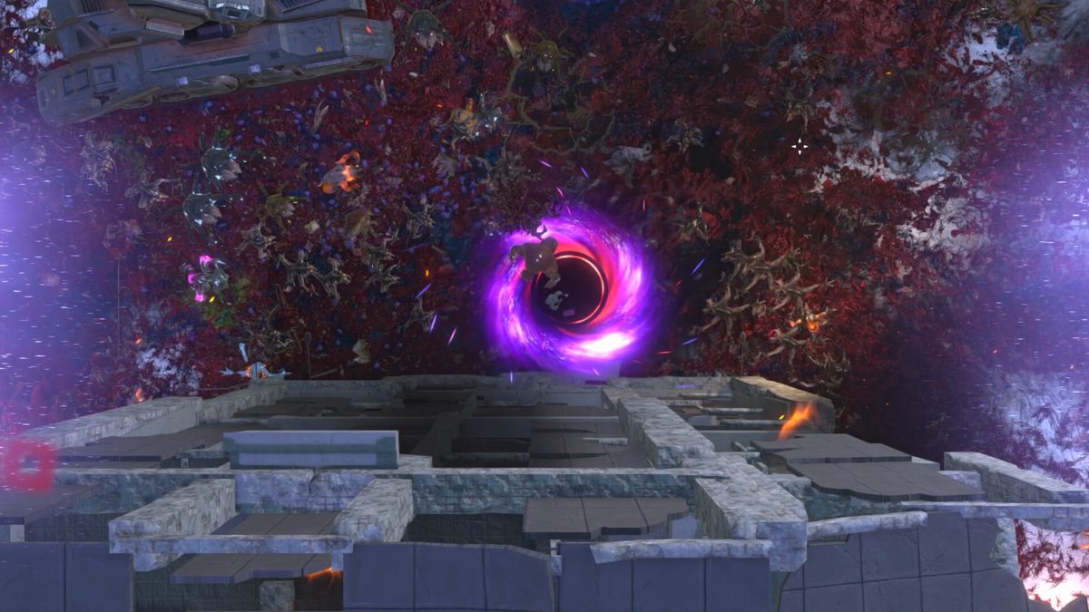 游戏内武器展示界面，多种高科技枪械排列整齐，背景为动态战斗场景