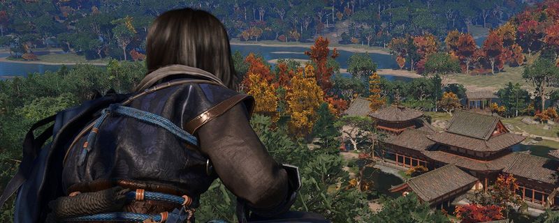 《刺客信条：影》中主角在传统日式庭院中寻找茶碗的场景，环境静谧，充满和风美学