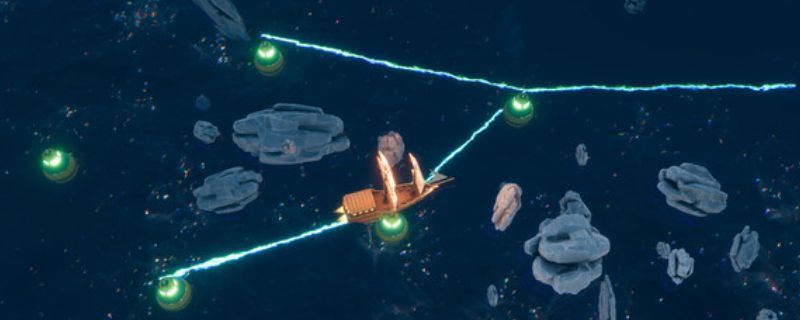 《Void Sails》游戏画面展示，昏暗海面上一艘小船缓缓前行，远处隐约可见巨型触手与发光符文，整体氛围阴森神秘