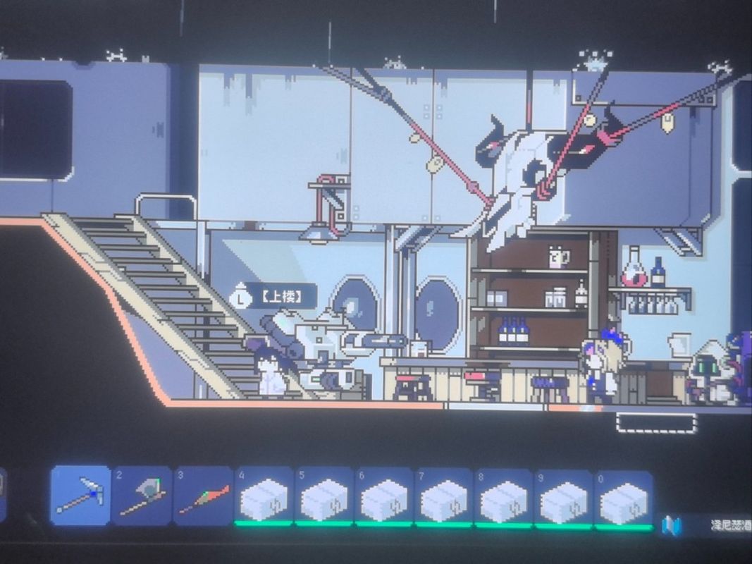 玩家角色手持遥控器操作无人机升空的画面，无人机带有蓝色光效，科技感十足