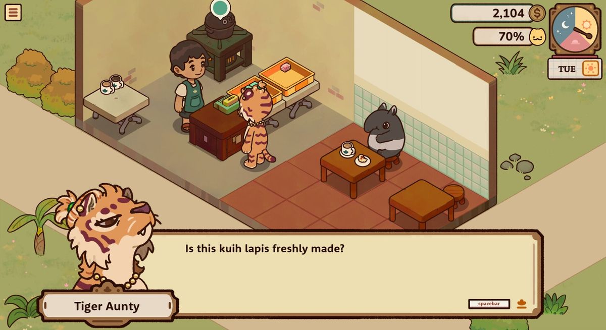 咖啡馆内部视角，木质装潢搭配暖色灯光，几位拟人化动物顾客坐在桌边享用甜点，墙上挂着老式家庭照片和食谱手稿