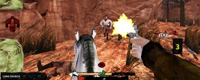 《荒野左轮》游戏主视觉图，展现西部风格场景，角色手持左轮手枪对峙，背景为夕阳下的荒野小镇