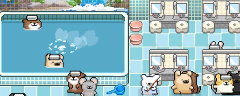 《线条小狗：动物温泉》游戏主界面展示，画面中有多只线条风格的小动物在温泉区悠闲泡澡，背景温馨柔和