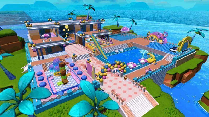 蛋仔在步行街生日派对中跳舞，舞台灯光闪耀，观众欢呼