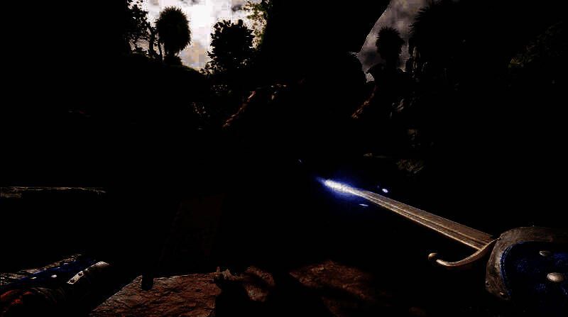 《宣誓》游戏画面展示，角色手持武器穿越神秘森林，光影效果细腻，充满奇幻氛围