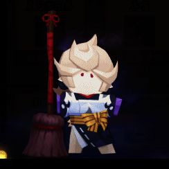 小纸人皮肤·星熊童子动态展示，小纸人戴着星熊面具跳跃玩耍，动作俏皮可爱