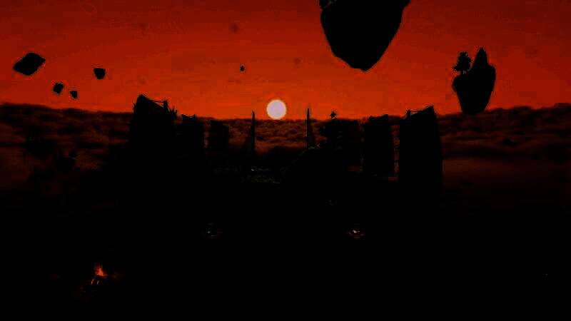 玩家操控飞艇穿越云层，下方是被腐化侵蚀的灰黑色区域