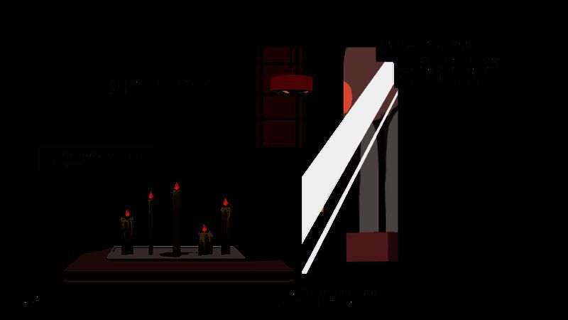 游戏中一位告解者站在昏暗走廊尽头的画面，背景是破碎的镜子与倒影重叠的人影，营造出强烈的心理压迫感