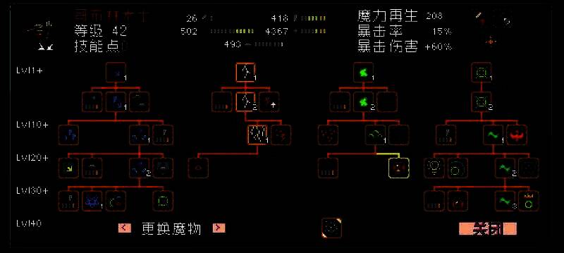 哥布林术士技能加点界面，光转化路线清晰，增益与治疗技能满级