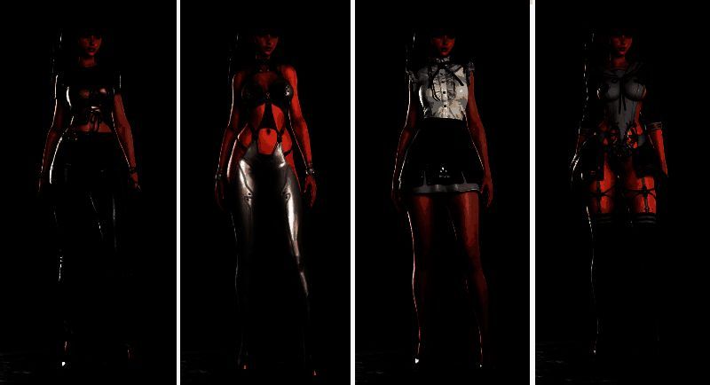 四款新服装展示图，分别呈现伊芙穿着不同风格服饰的立绘，背景为动态光影效果