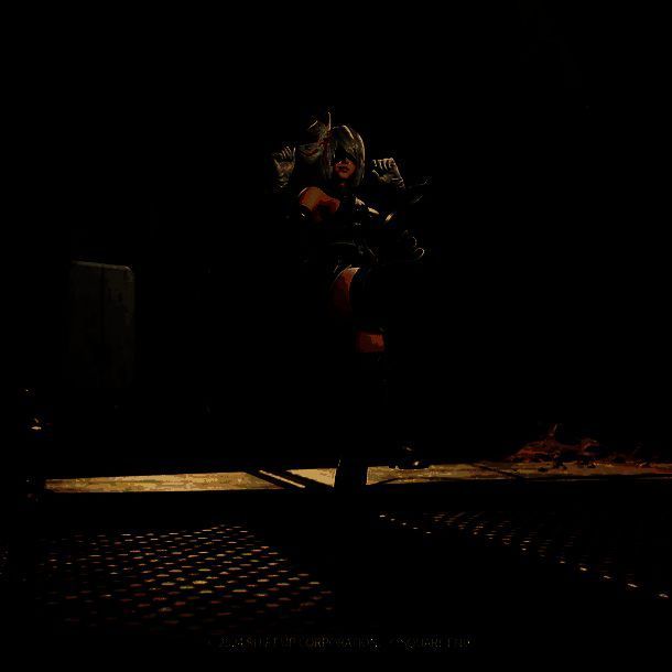 伊芙身穿2B风格服装持剑战斗的场景，身后是机械敌人爆炸的光影特效