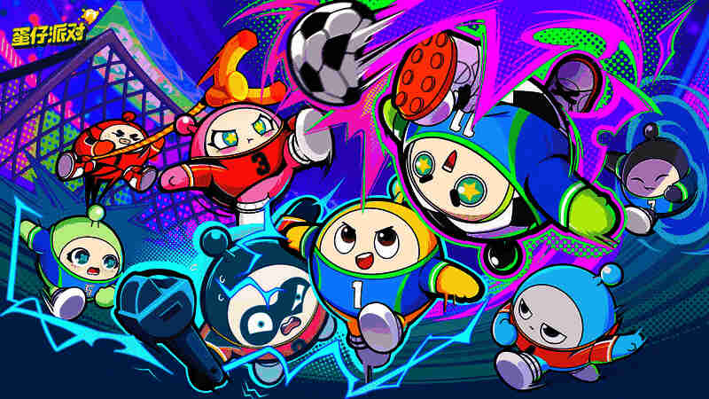 蛋仔派对热血足球玩法宣传图，绿茵场上蛋仔们身着不同队服激烈拼抢，背景充满动感光影特效