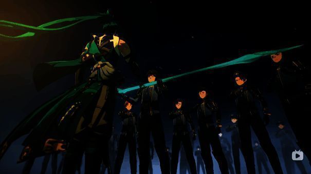 忌炎与夜归军列队前行，背景是初升的朝阳