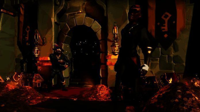 《盗贼之海》私人服务器界面展示，四名玩家在宁静海域航行，船只平稳前进，背景为夕阳下的海岛