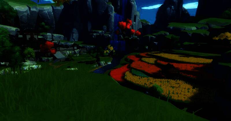 神武门梯田俯视全景，阳光洒在层层绿田上，光影交错宛如油画